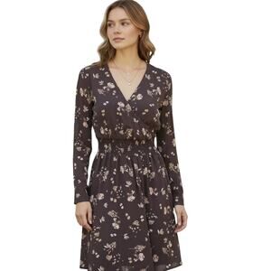 Amour Vert Silk Floral Wrap Dress Long Sleeve Purple Beige Pink L EUC